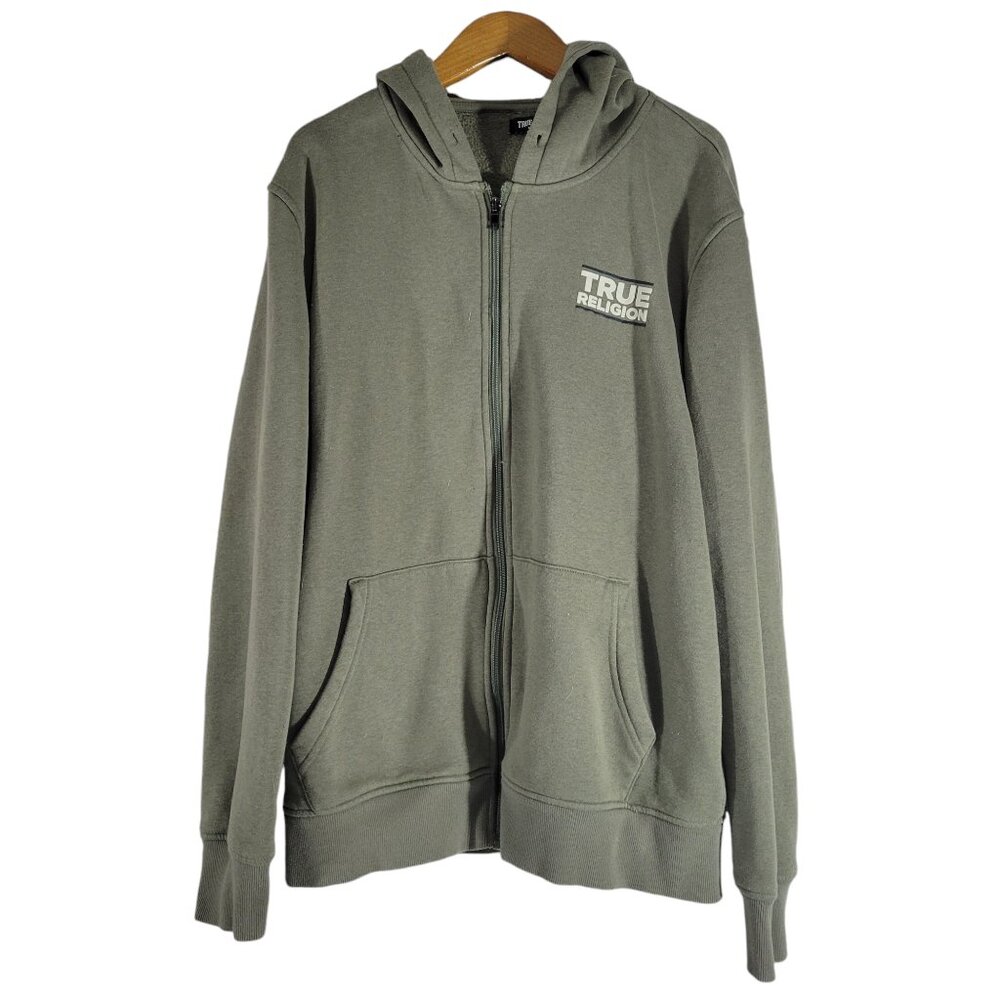 True Religion Zippered Hoodie Mens Large Olive Green Pockets Buddha Guitar